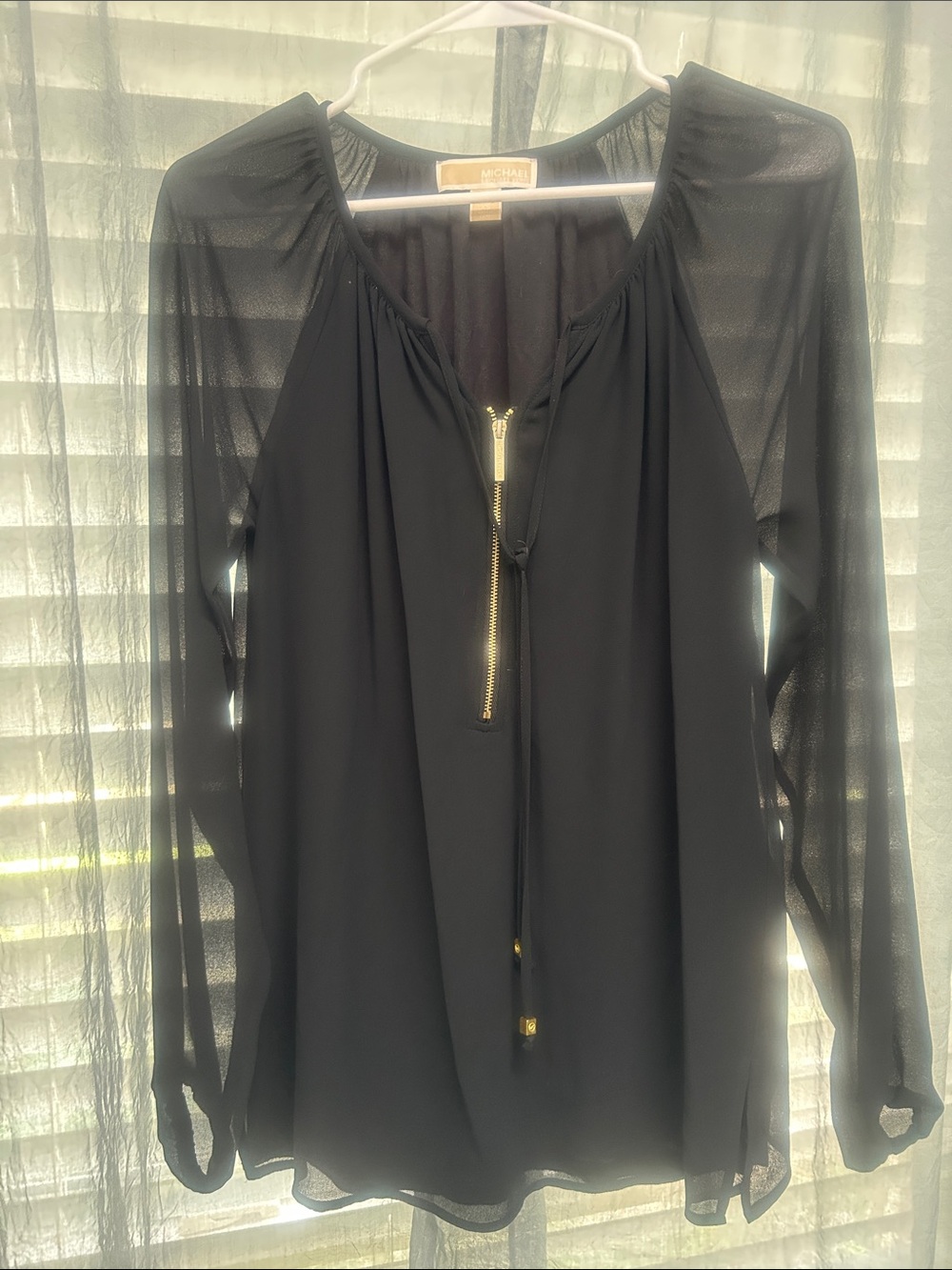 MICHAEL Michael Kors Black Sheer Zip-Front Long-Sleeve Blouse with Gold Zipper